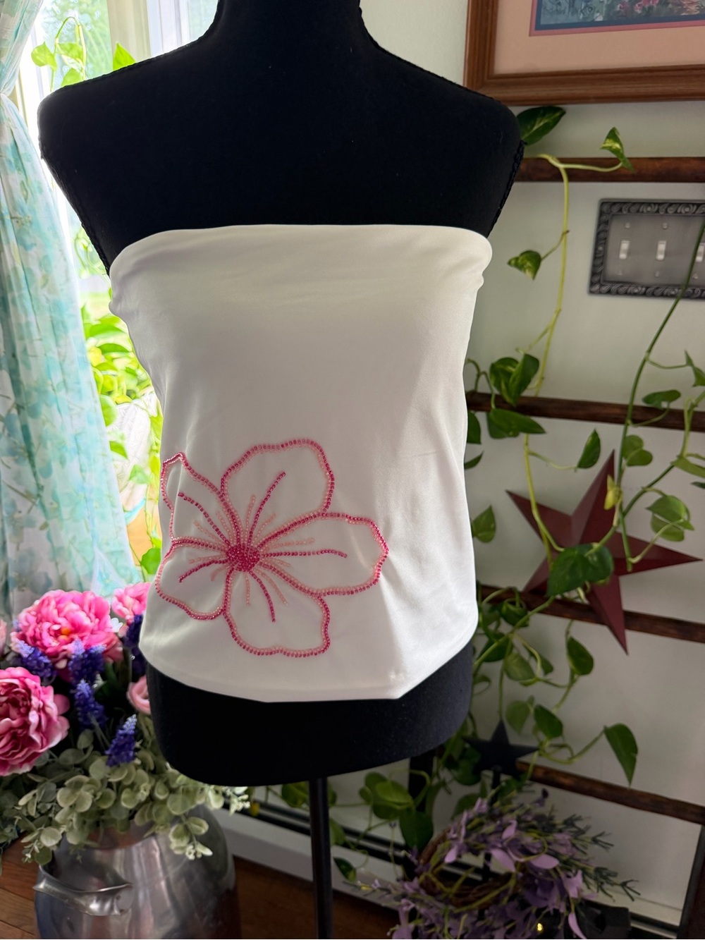 Harper White Strapless Camisole with Pink Floral Stitching